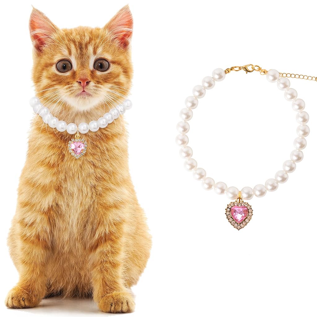 Qpets Cat Collar Jewelry Necklace Pink Rhinestone Heart Charm Pearl Necklace Adjustable Cat Puppy Charm Necklace Dressing Up Jewellry Photography Prop, 11.81+1.97 inches Qpets Cat Collar Jewelry Necklace Pink Rhinestone Heart Charm Pearl Necklace Adjustable Cat Puppy Charm Necklace Dressing Up Jewellry Photography Prop, 11.81+1.97 inches